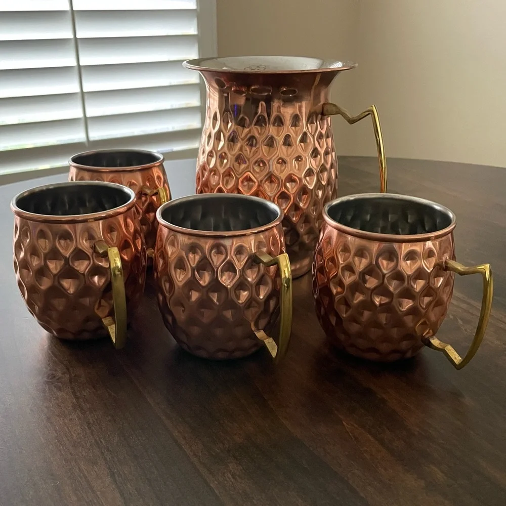 Hammered Copper Moscow Mule Pitcher and Mug Set
